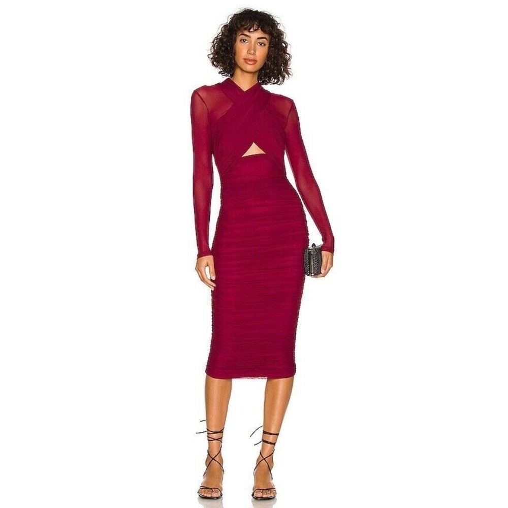 Bardot Women’s Aliyah Burgundy Red Ruched Mesh Long Sleeve Midi Party Dress New
